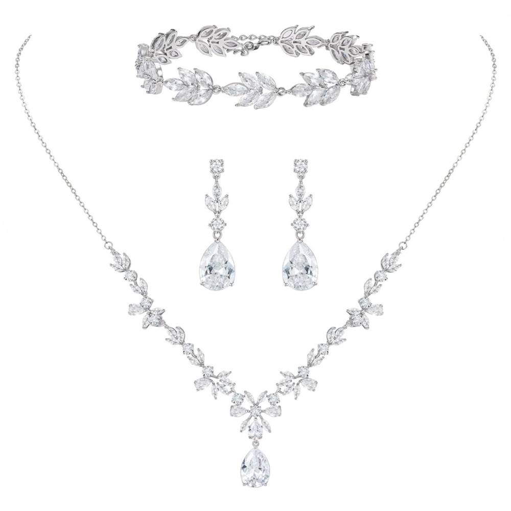 Bridesmaids Jewelry Set for Wedding Cubic Zirconia Teardrop Earring Necklace